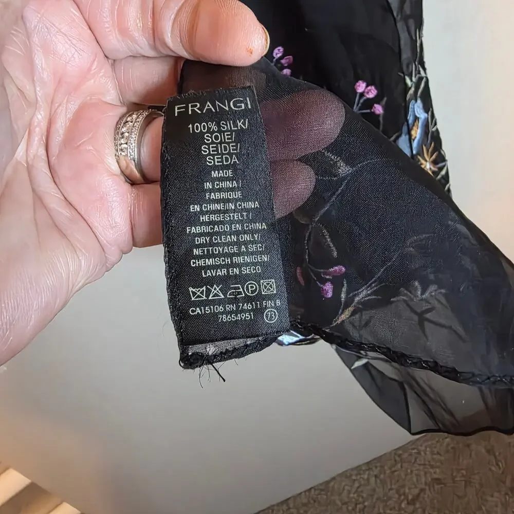 Frangi 100% silk black sheer scarf with multicolor floral embroidery 72' L 20